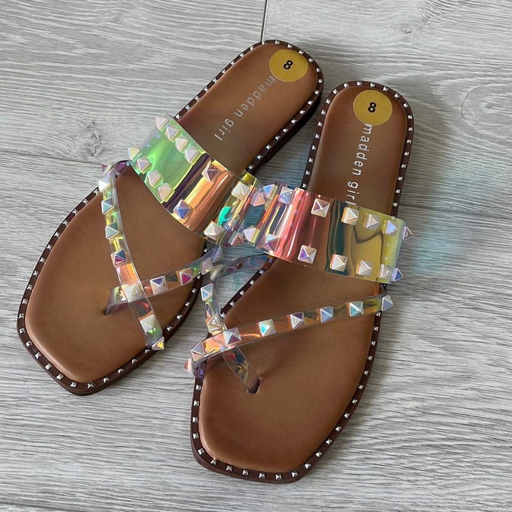 MADDEN GIRL New!! Heidi Holographic Studded Slip on Flats Sandals—Size 8–